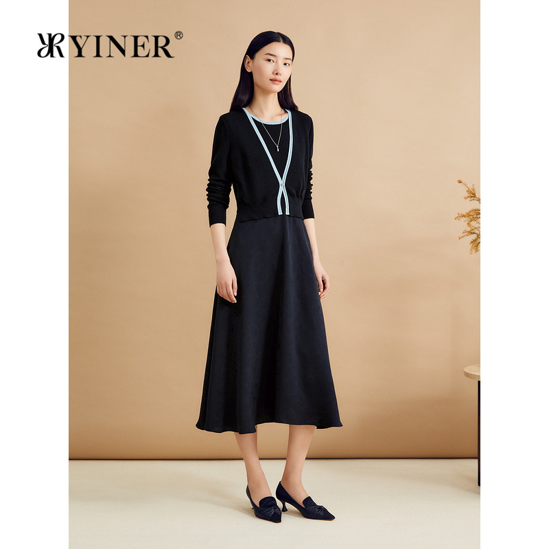 【美丽诺羊毛】YINER音儿秋季法式开衫式假两件连衣裙长袖修身裙