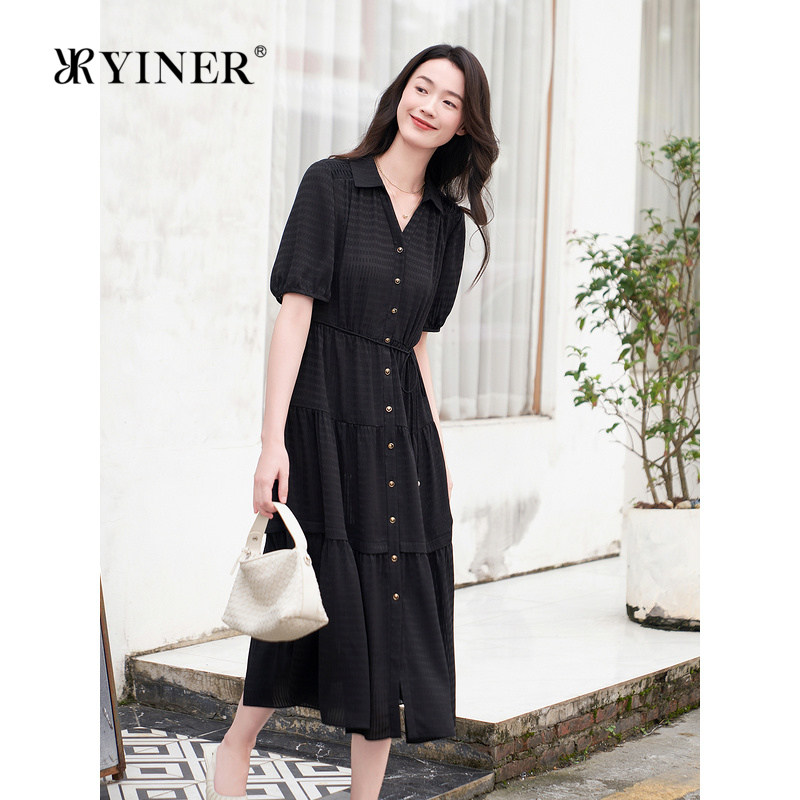 YINER音儿专选秋季缎面提花格法式海鸥领琉璃A字连衣裙