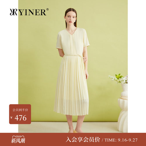 YINER音儿专选夏季法式V领系带收褶收腰百褶优雅连衣裙