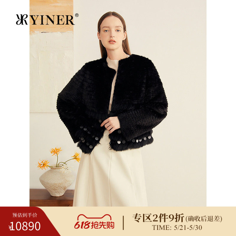 YINER音儿专选春季新款优雅水貂毛拼接狐狸毛流苏短皮草外套