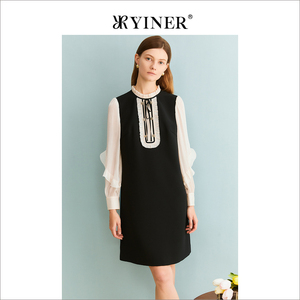 YINER音儿专选春季女装法式撞色木耳花边通勤风连衣裙