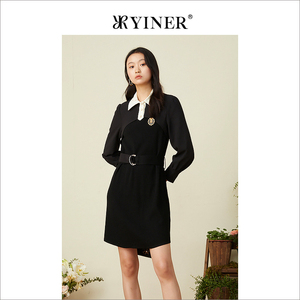 YINER音儿女装春季撞色POLO领针织拼接连衣裙