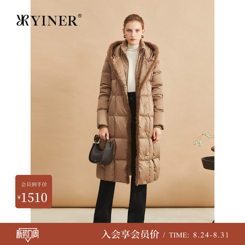 【高克重白鹅绒】YINER音儿女装冬季时尚厚实保暖水貂条长羽绒服