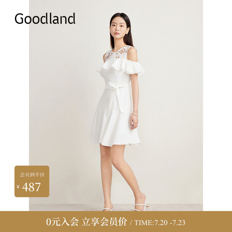 Goodland美地夏季镂空刺绣露肩荷叶花边仙女连衣裙