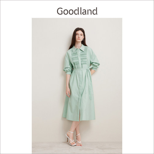 Goodland美地女装春季法式优雅风琴褶衬衫落肩袖连衣裙