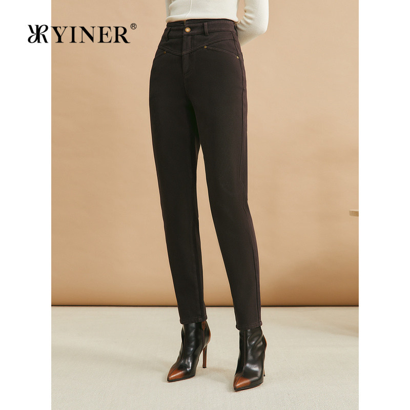 YINER音儿女装冬季时尚亲肤棉锥形长裤高腰百搭小脚牛仔裤