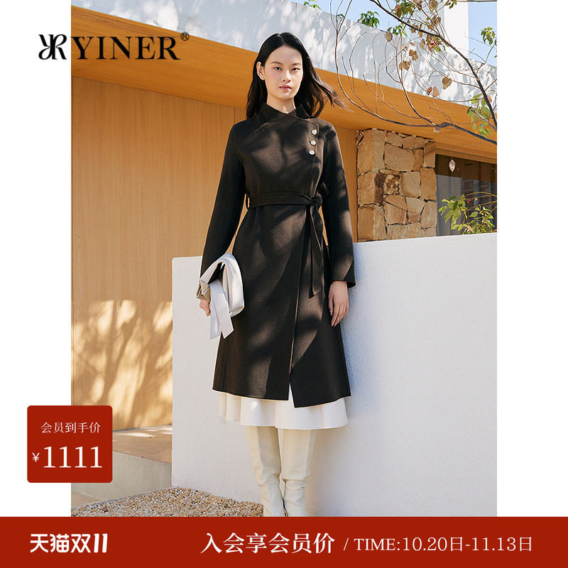 YINER音儿专选冬季纽扣斜门襟羊毛羊绒混纺双面呢大衣外套中长款
