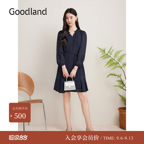 Goodland美地秋季法式星光提花花苞袖修身A字连衣裙长袖