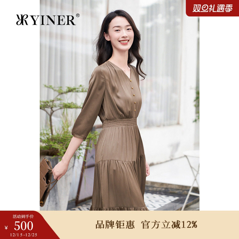 YINER音儿专选秋季法式V领收腰艺术皱褶蛋糕裙连衣裙