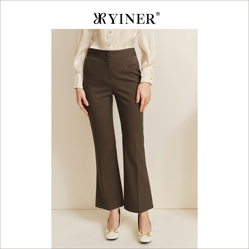 YINER音儿女装秋季高腰显瘦绵羊毛侧开叉喇叭休闲裤