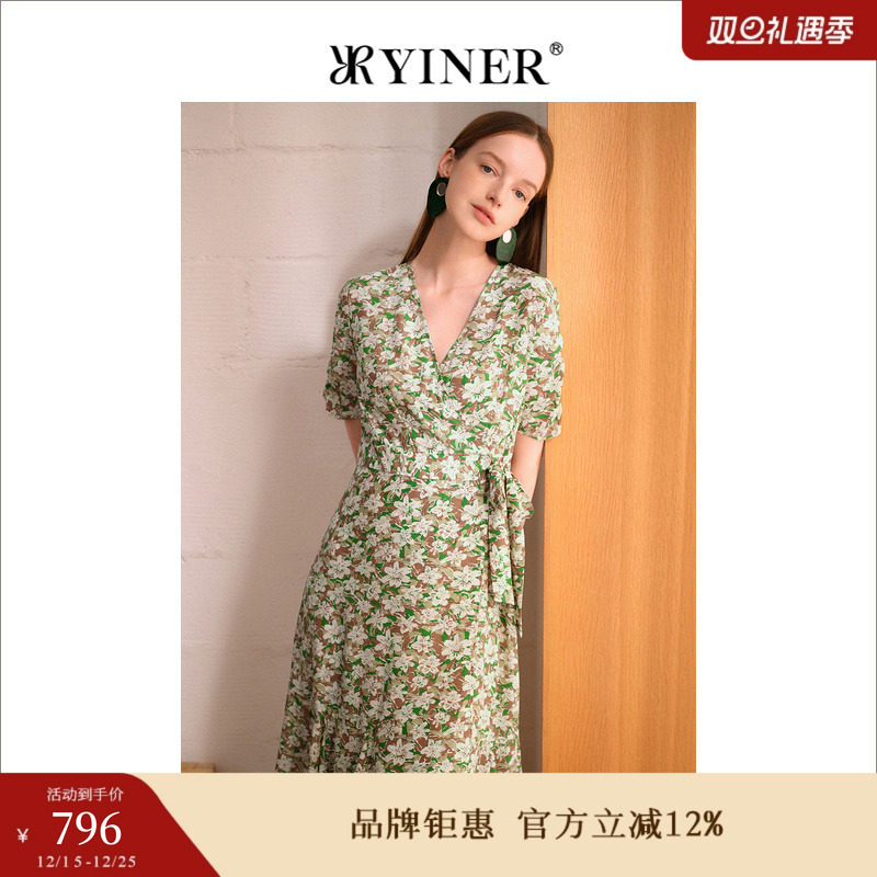 YINER音儿女装夏季V领碎花桑蚕丝显瘦系带连衣裙