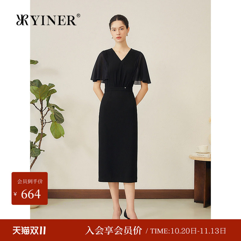 【醋酸系列】YINER音儿秋季新款法式小黑裙雪纺荷叶袖连衣裙短袖