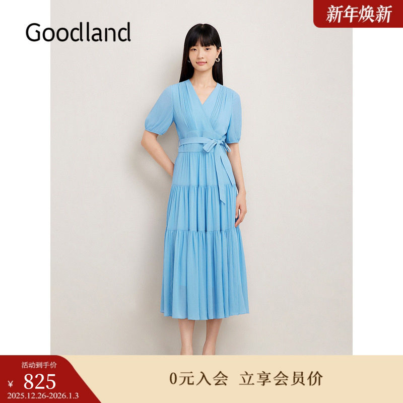 【博主同款】Goodland美地秋季法式高腰雪纺茶歇连衣裙