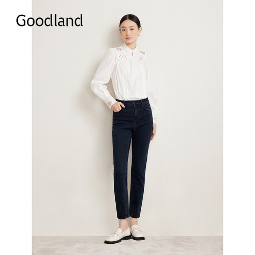 Goodland美地女装春季法式优雅烫钻百搭高腰长裤牛仔裤长袖