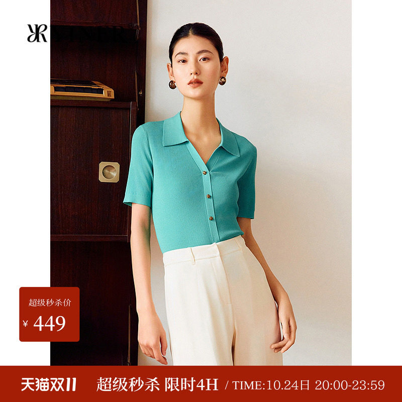 YINER音儿女装夏季优雅时尚海鸥领单排扣桑蚕丝混纺针织衫