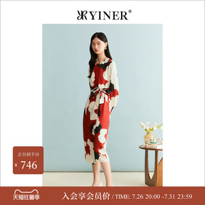 YINER音儿女装冬款时尚艺术印花系带收腰羊毛蚕丝混纺连衣裙