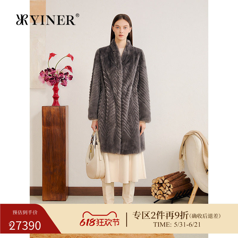 YINER音儿专选2025冬季新款进口水貂割条拼接贴脖领长款皮草
