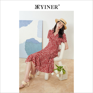 YINER音儿专选女装夏法式雪纺碎花V领茶歇连衣裙