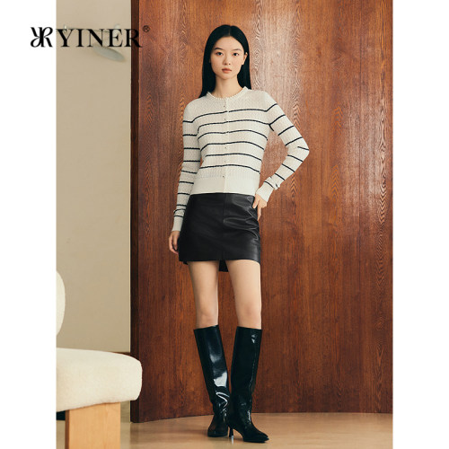 YINER音儿专选2026春季新款法式条纹钉珠装饰圆领纯羊毛针织开衫