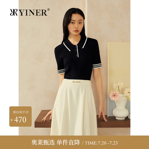 YINER音儿专选夏季新款撞色POLO领莱赛尔天丝醋酸混纺针织衫