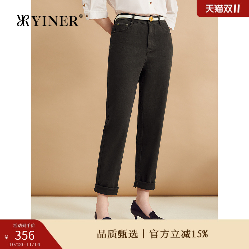 YINER音儿秋季云柔棉水洗深咖色锥形丹宁牛仔裤