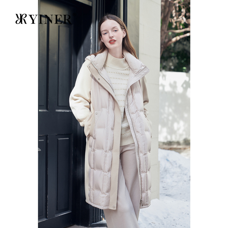 YINER音儿专选2024冬季新款中长款撞色羊毛呢拼接连帽羽绒服