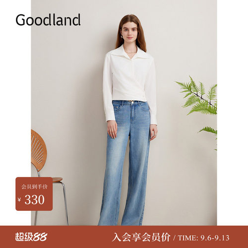 【醋酸系列】Goodland美地秋季法式围裹式衬衫海鸥领上衣长袖