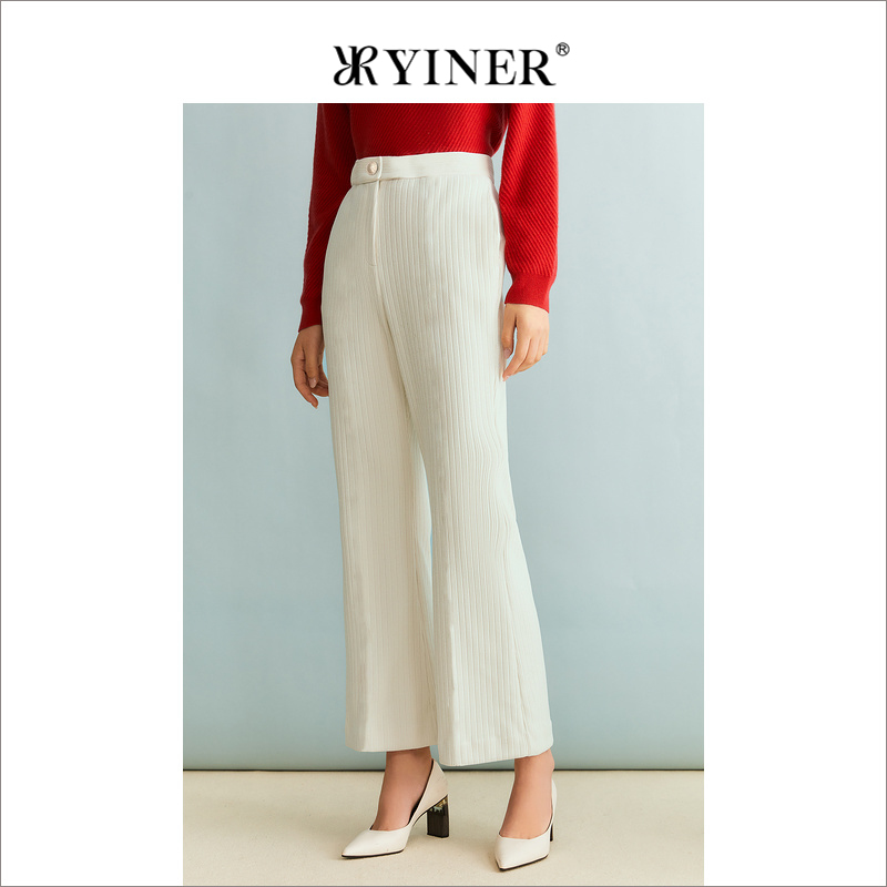 YINER音儿冬季女装奶油白通勤垂感长裤法式优雅喇叭休闲裤