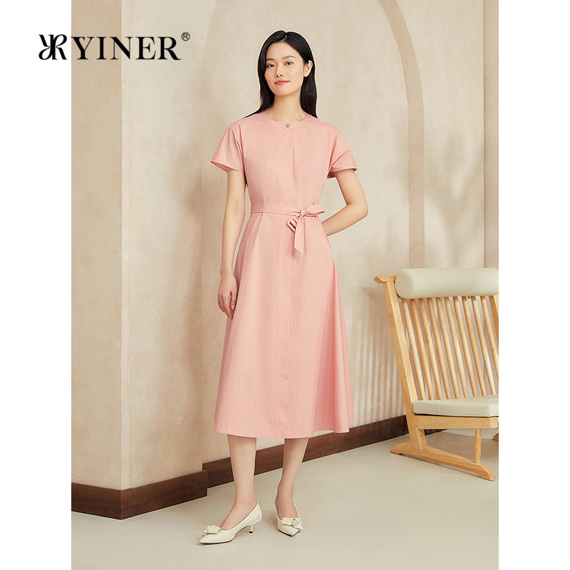 YINER音儿夏季新款法式粉红色收腰放摆裙子式衬衫连衣裙
