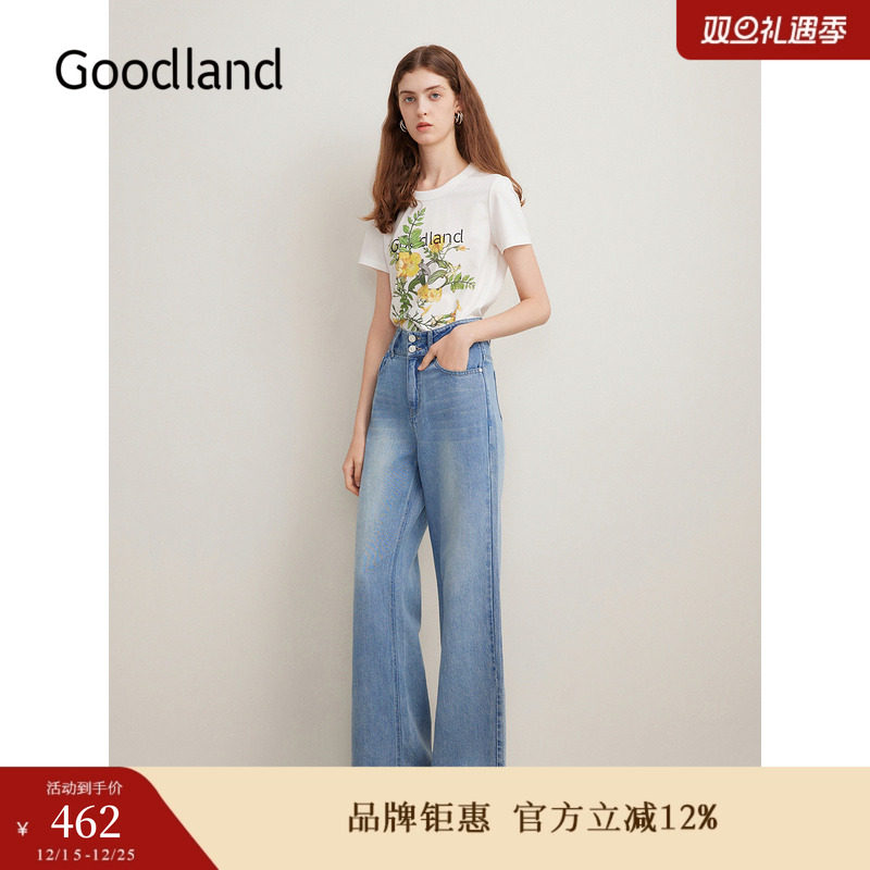 【真丝系列】Goodland美地夏季艺术印花T恤烫钻logo上衣