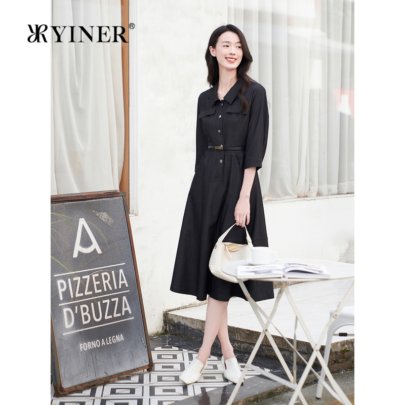 YINER音儿专选秋季法式通勤复古衬衫领高腰A字连衣裙
