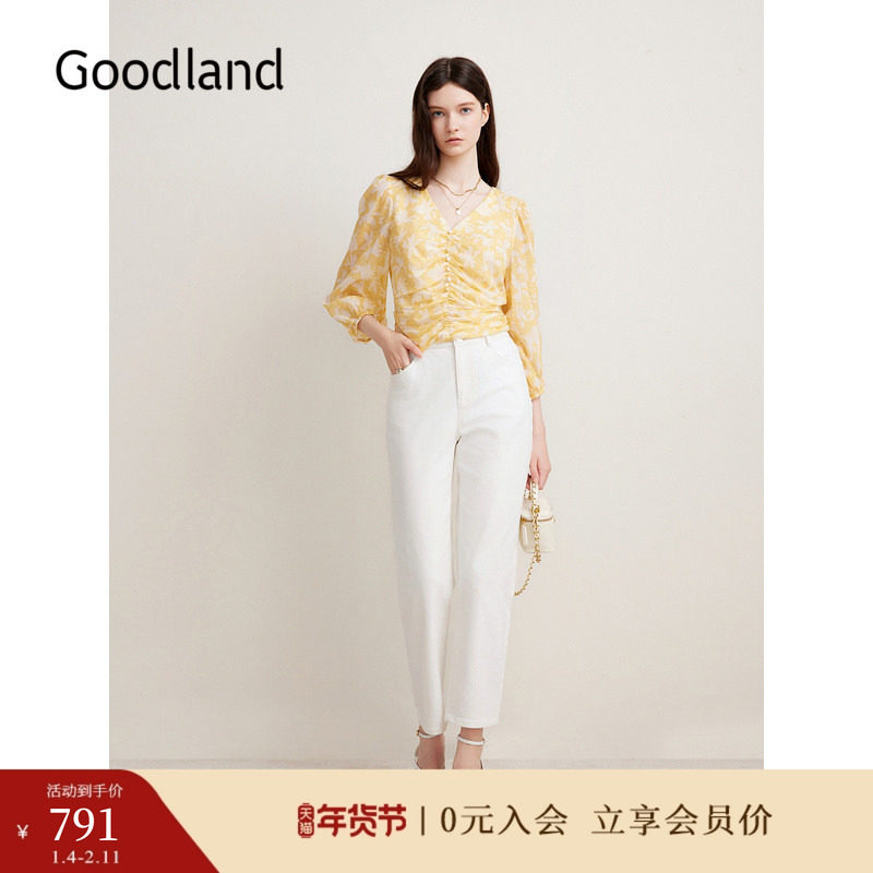 Goodland美地女装春季时尚印花V领钉珠抽褶灯笼袖上衣,女装/女士精品,衬衫,淘宝优惠券,粉丝福利购,淘宝优惠卷