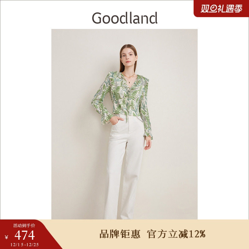 【云感真丝羊毛】Goodland美地春季法式优雅荷叶边衬衫