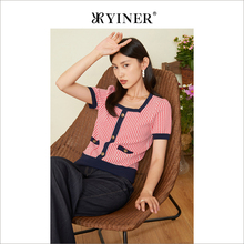 YINER音儿专选女装夏季红色方领针织开衫薄款格子上衣