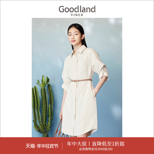 Goodland美地女装 连衣裙 复古POLO领通勤米白色衬衫 夏季