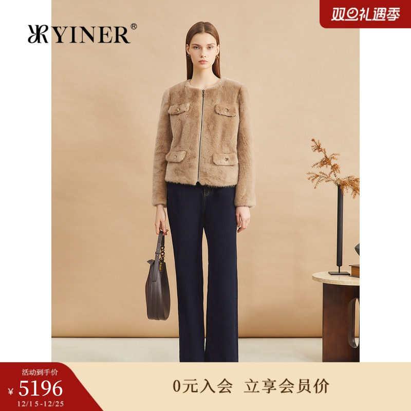 YINER音儿专选女装冬季时尚优雅轻奢感短款圆领水貂毛皮草外套