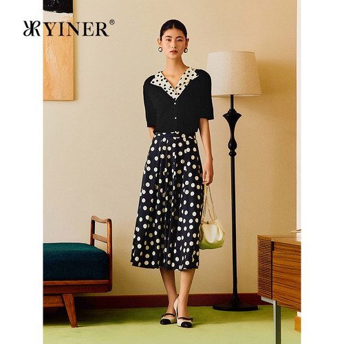 YINER音儿女装夏季时尚复古波点弹力桑蚕丝高腰A字半身裙