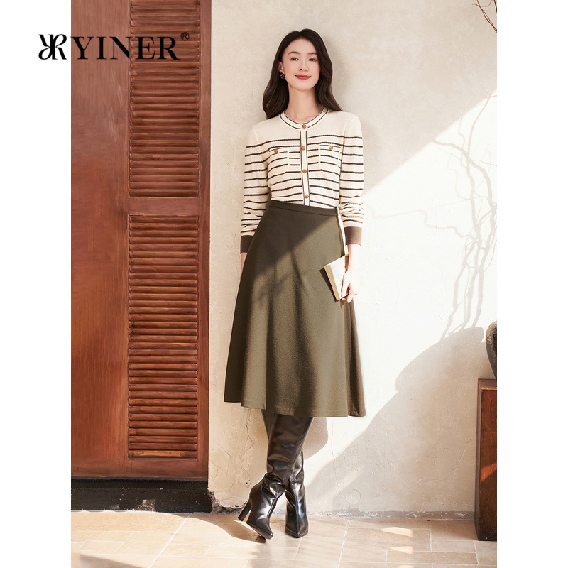 【美丽诺羊毛】YINER音儿女装女装冬季时尚法式高腰A字半身裙