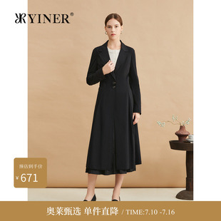 YINER音儿专选春季布拉格长绒棉衣长款廓形翻驳领A字外套