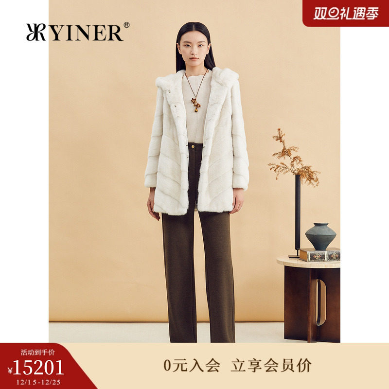 YINER音儿专选女装冬季时尚优雅奢感一手长连帽水貂毛皮草