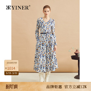 【木兰花系列】YINER音儿女装冬季时尚优雅V领羊毛印花连衣裙