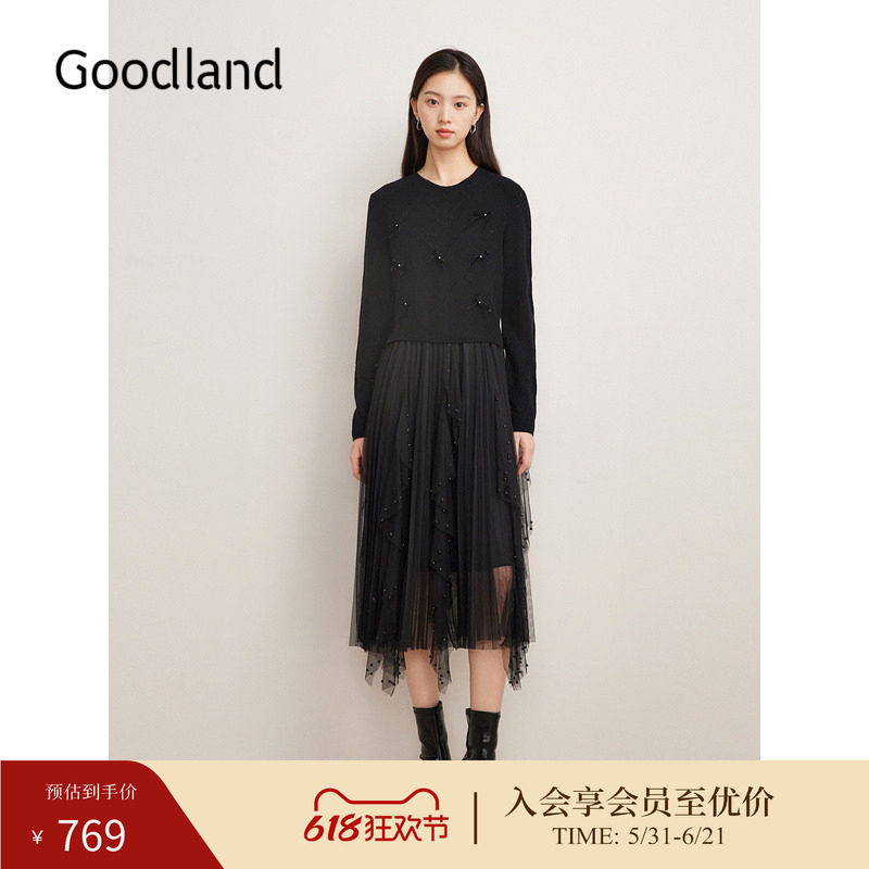 Goodland美地女装冬季时尚羊毛小黑裙拼接假两件网纱连衣裙