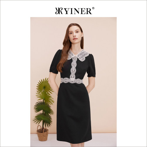 YINER音儿专选女装夏季蕾丝收腰通勤小黑裙连衣裙