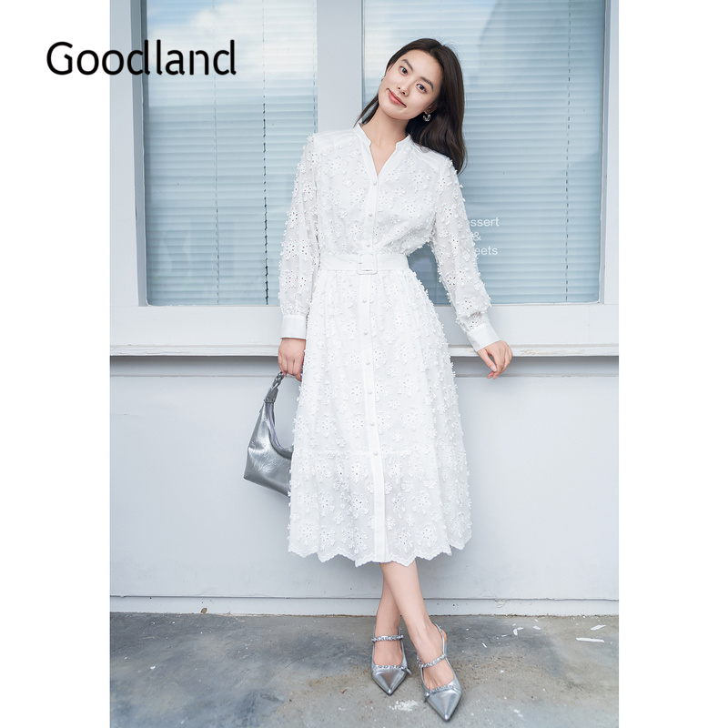 Goodland美地秋季高支棉法式镂空剪影流苏白月光连衣裙
