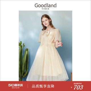 【蕾丝系列】Goodland美地女装夏季飘带网纱公主袖连衣裙