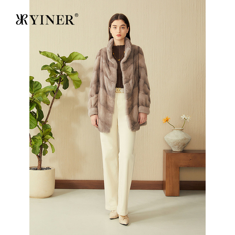 YINER音儿专选春季新款中长款水貂毛皮母貂立领真皮皮草