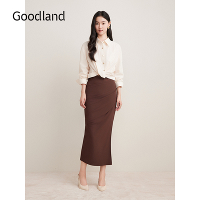 Goodland美地秋季不规则打褶侧开衩包臀针织半身裙