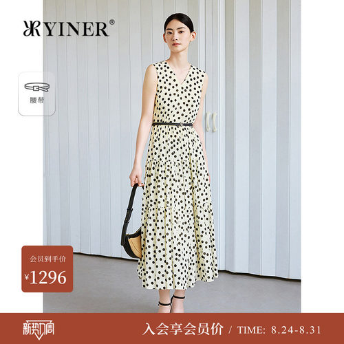 YINER音儿女装夏季优雅无袖V领高腰桑蚕丝混纺波点连衣裙