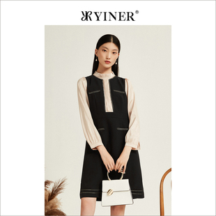 YINER音儿专选女装 连衣裙 秋季 木耳边假两件长袖