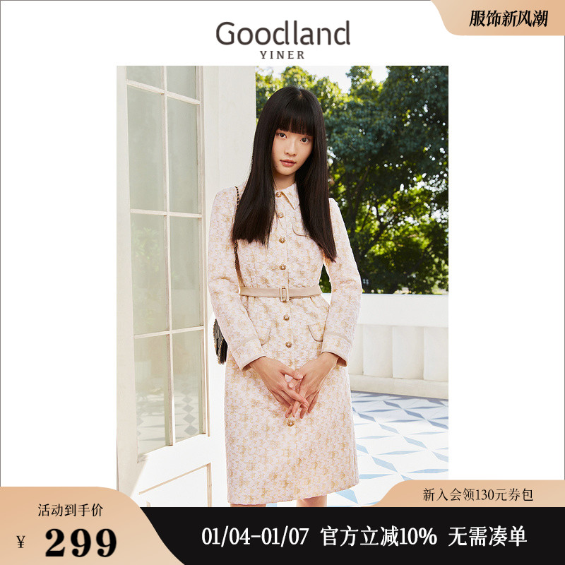 Goodland美地女装冬季钉珠单排扣收腰设计感气质连衣裙
